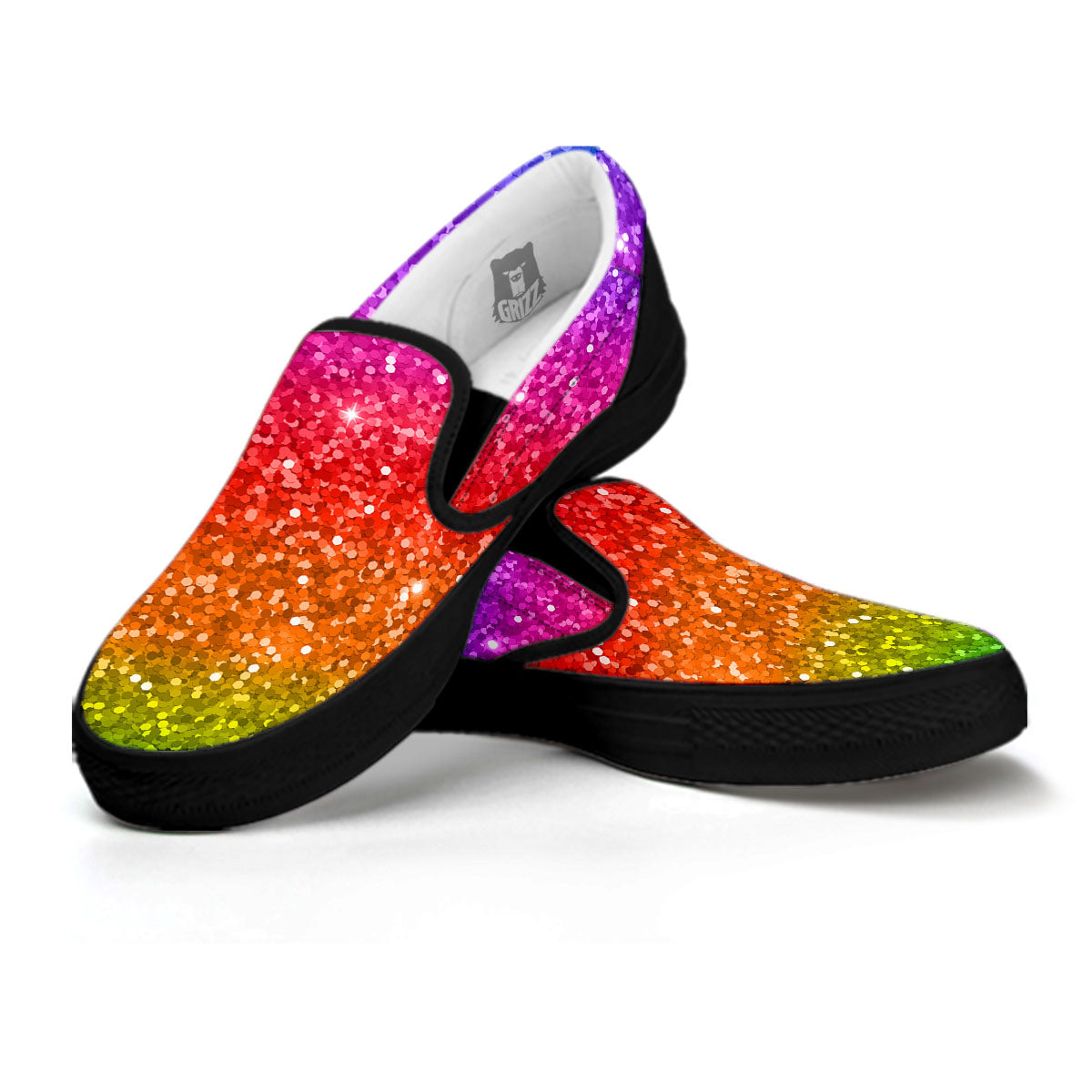 Artwork Rainbow Glitter Print Black Slip On Shoes-grizzshop