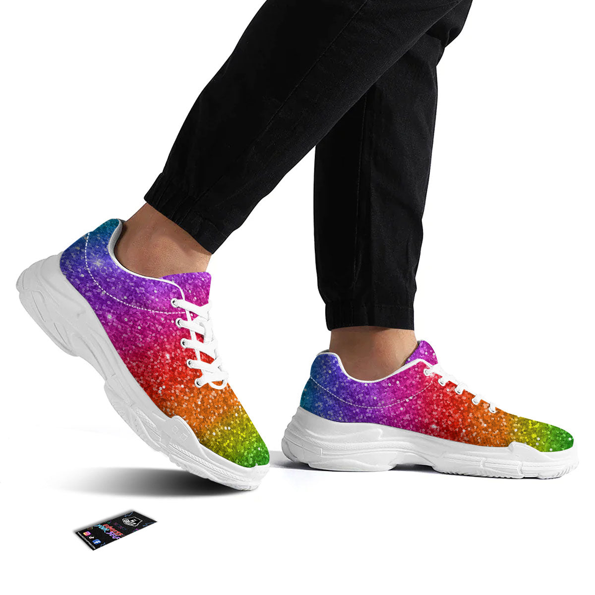 Artwork Rainbow Glitter Print White Chunky Shoes-grizzshop