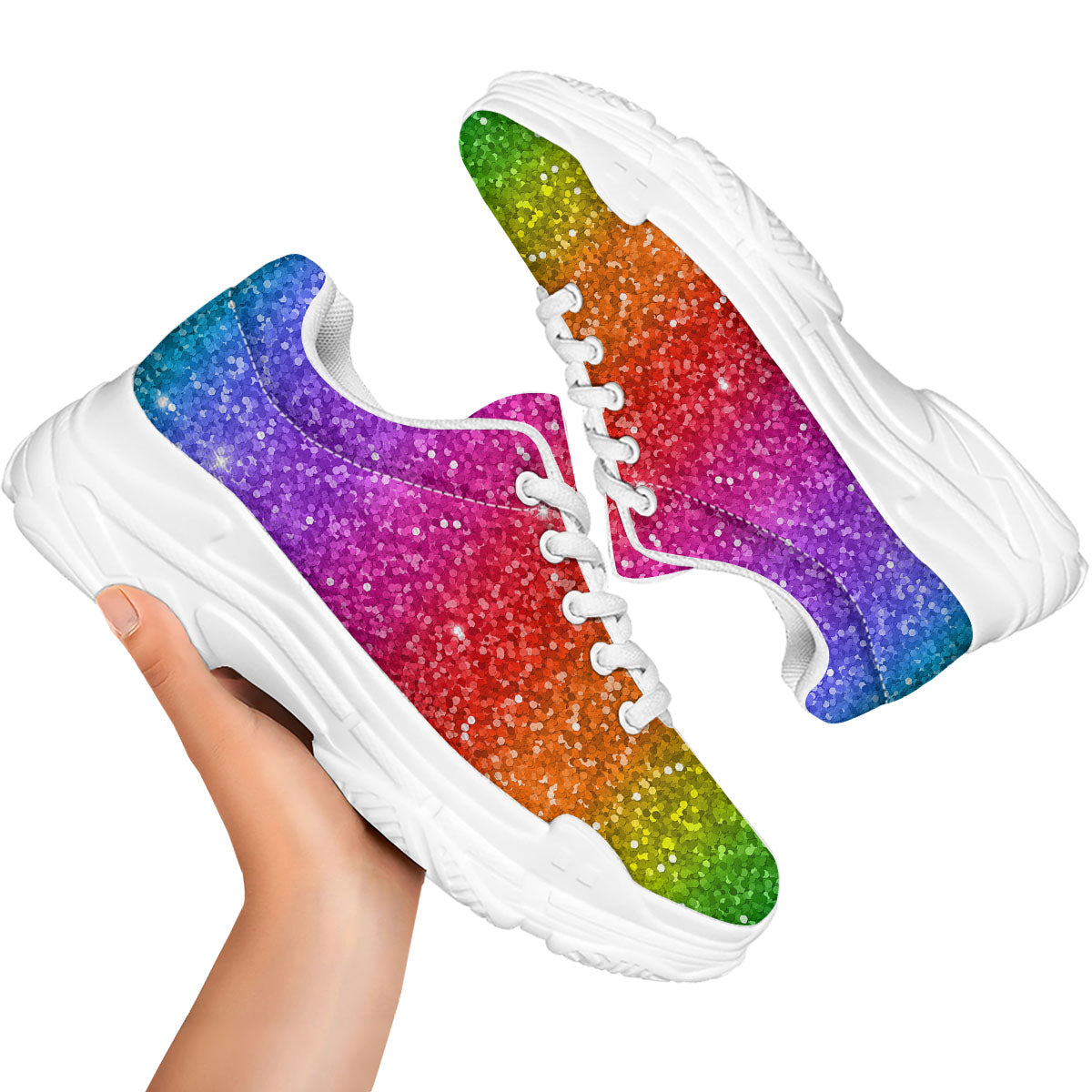 Artwork Rainbow Glitter Print White Chunky Shoes-grizzshop