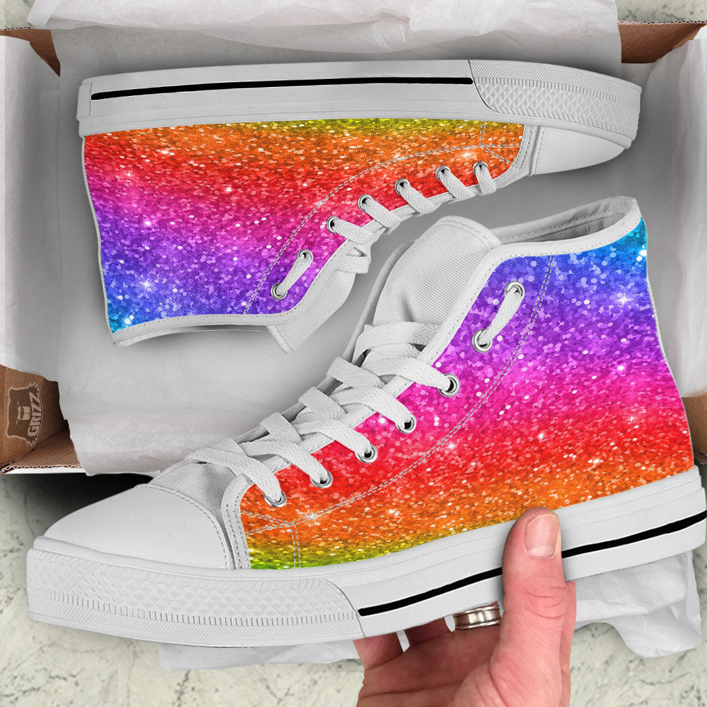 Artwork Rainbow Glitter Print White High Top Shoes-grizzshop