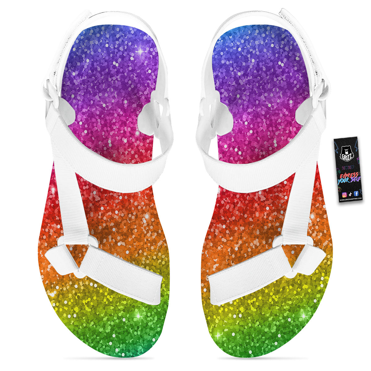 Artwork Rainbow Glitter Print White Open Toe Sandals-grizzshop
