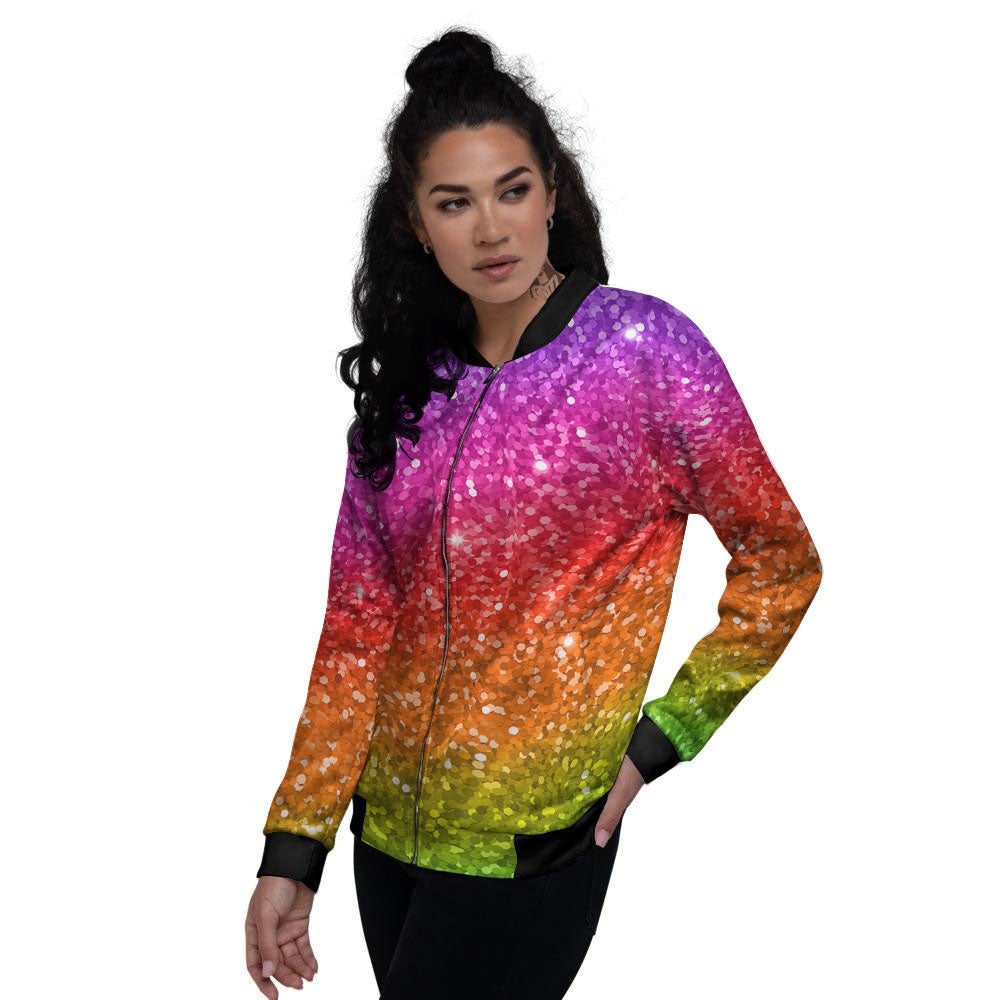 Artwork Rainbow Glitter Print Women's Bomber Jacket-grizzshop