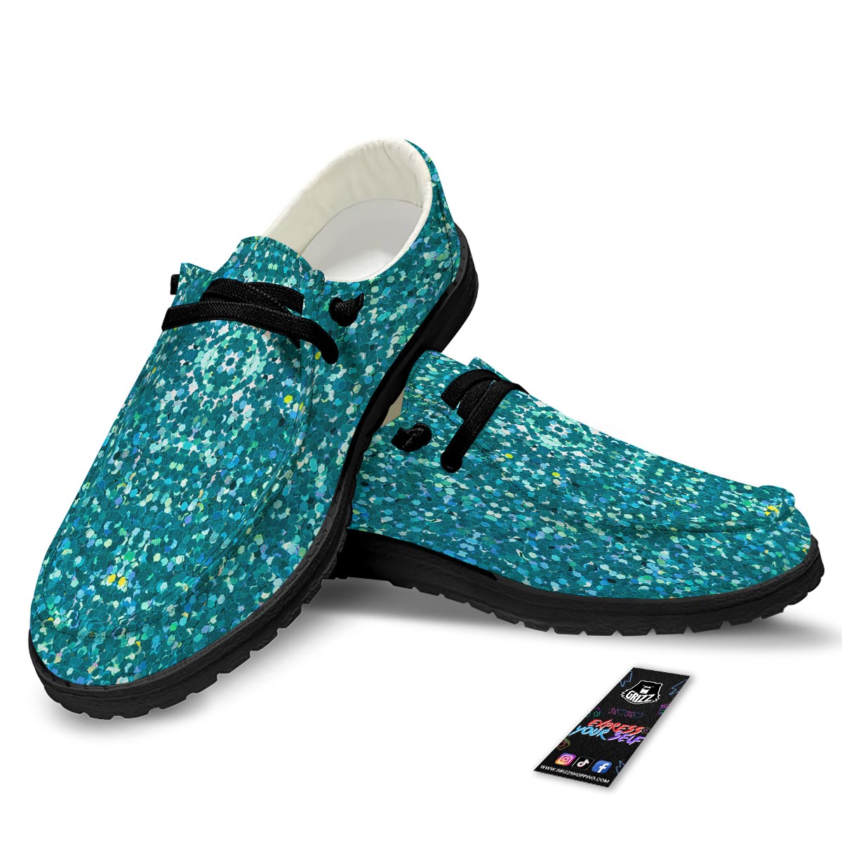 Artwork Teal Glitter Print Pattern Black Loafers-grizzshop