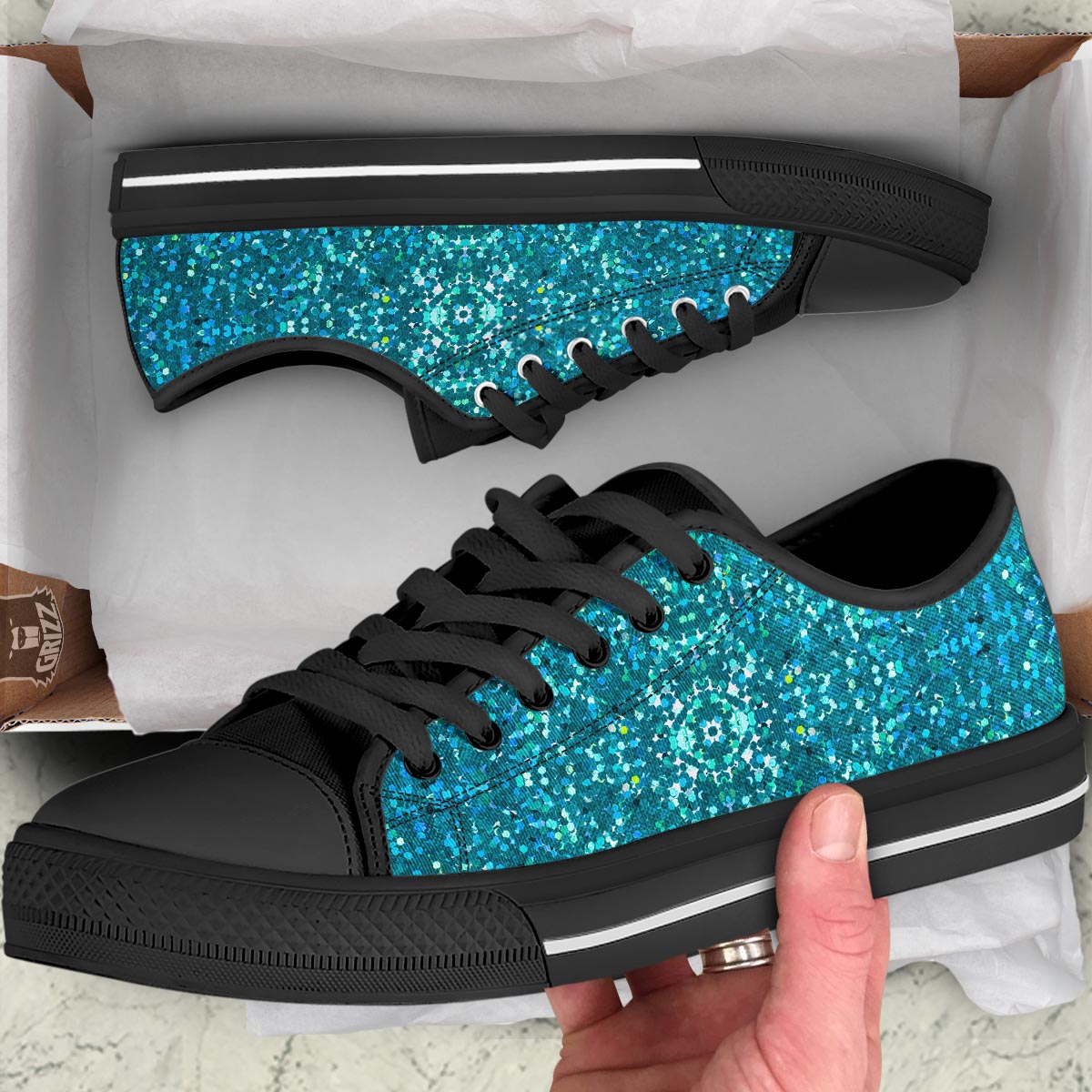 Artwork Teal Glitter Print Pattern Black Low Top Shoes-grizzshop