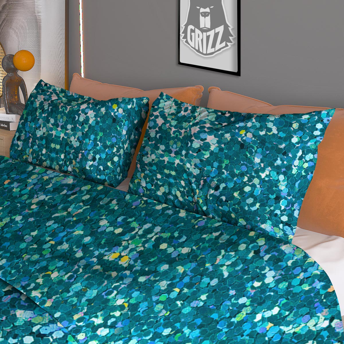 Artwork Teal Glitter Print Pattern Duvet Cover Bedding Set