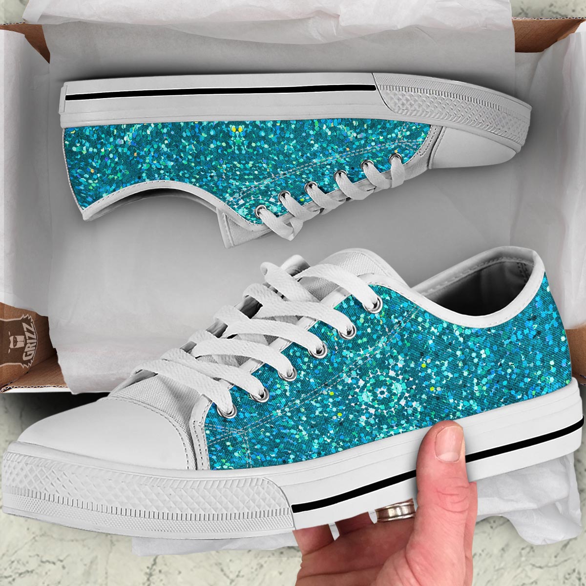 Artwork Teal Glitter Print Pattern White Low Top Shoes-grizzshop