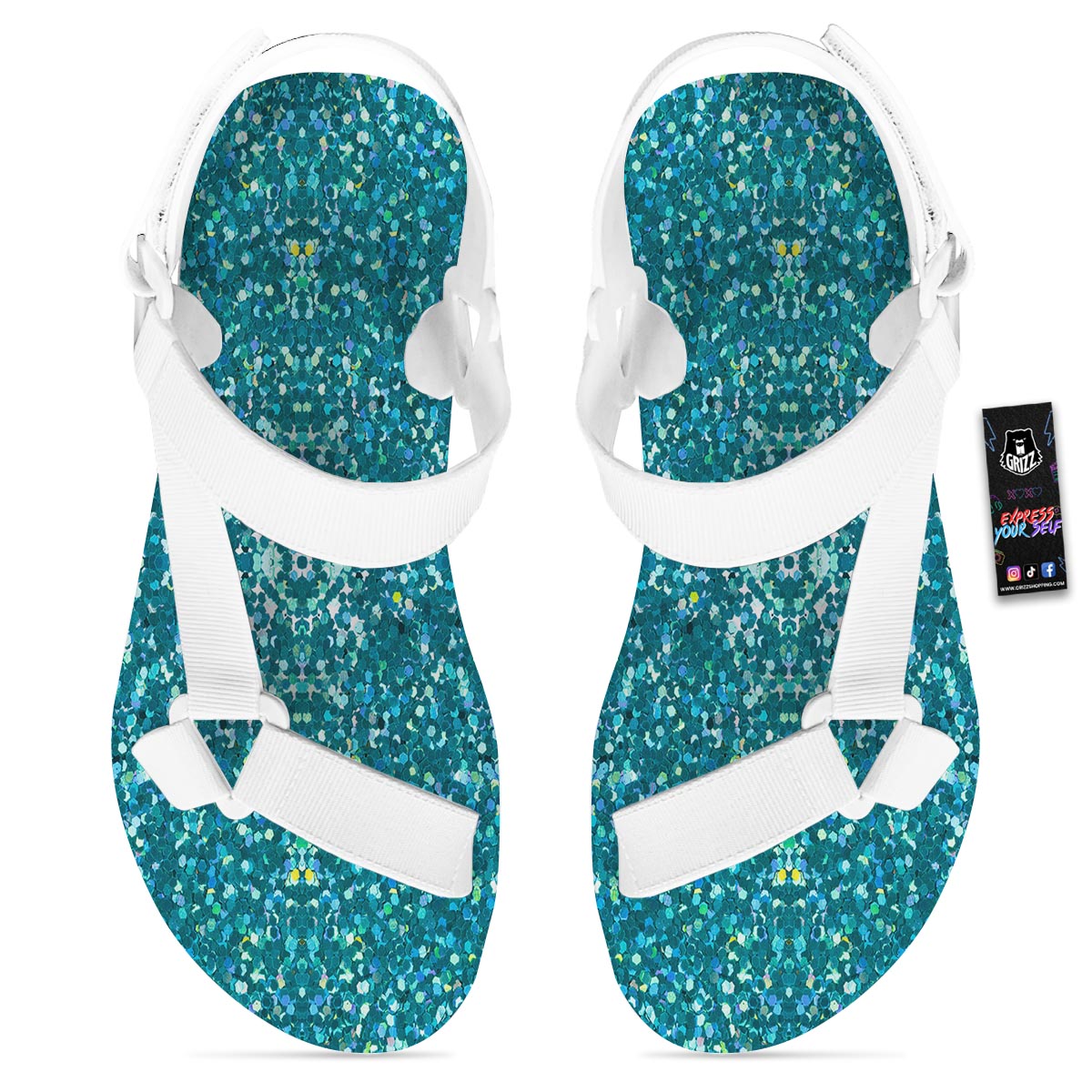 Artwork Teal Glitter Print Pattern White Open Toe Sandals-grizzshop