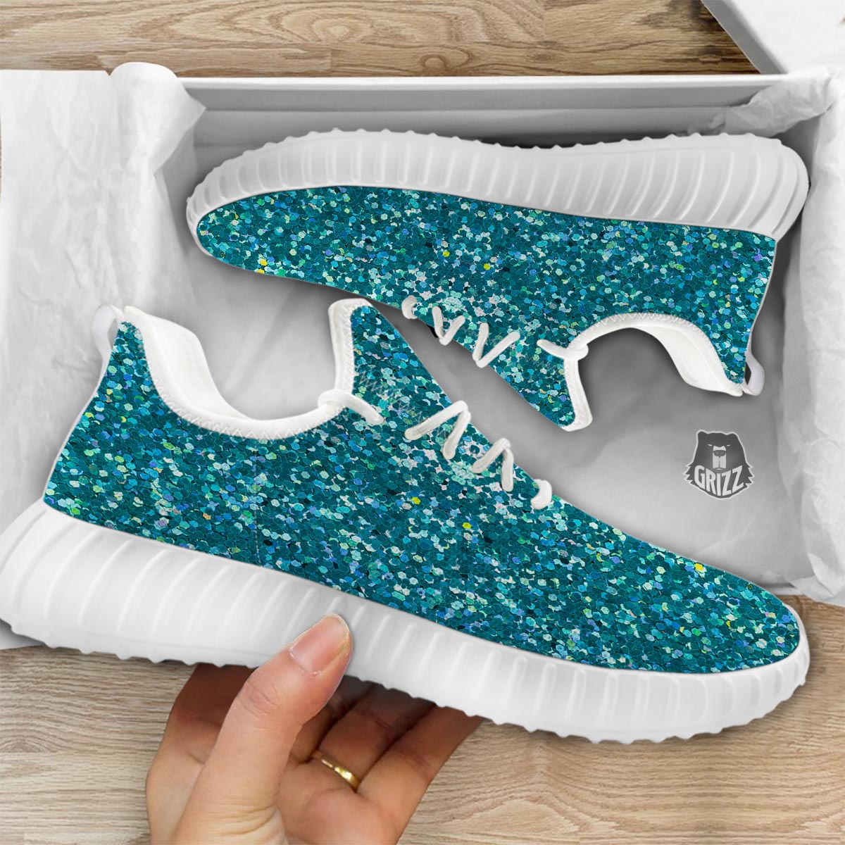 Artwork Teal Glitter Print Pattern White Walking Shoes-grizzshop