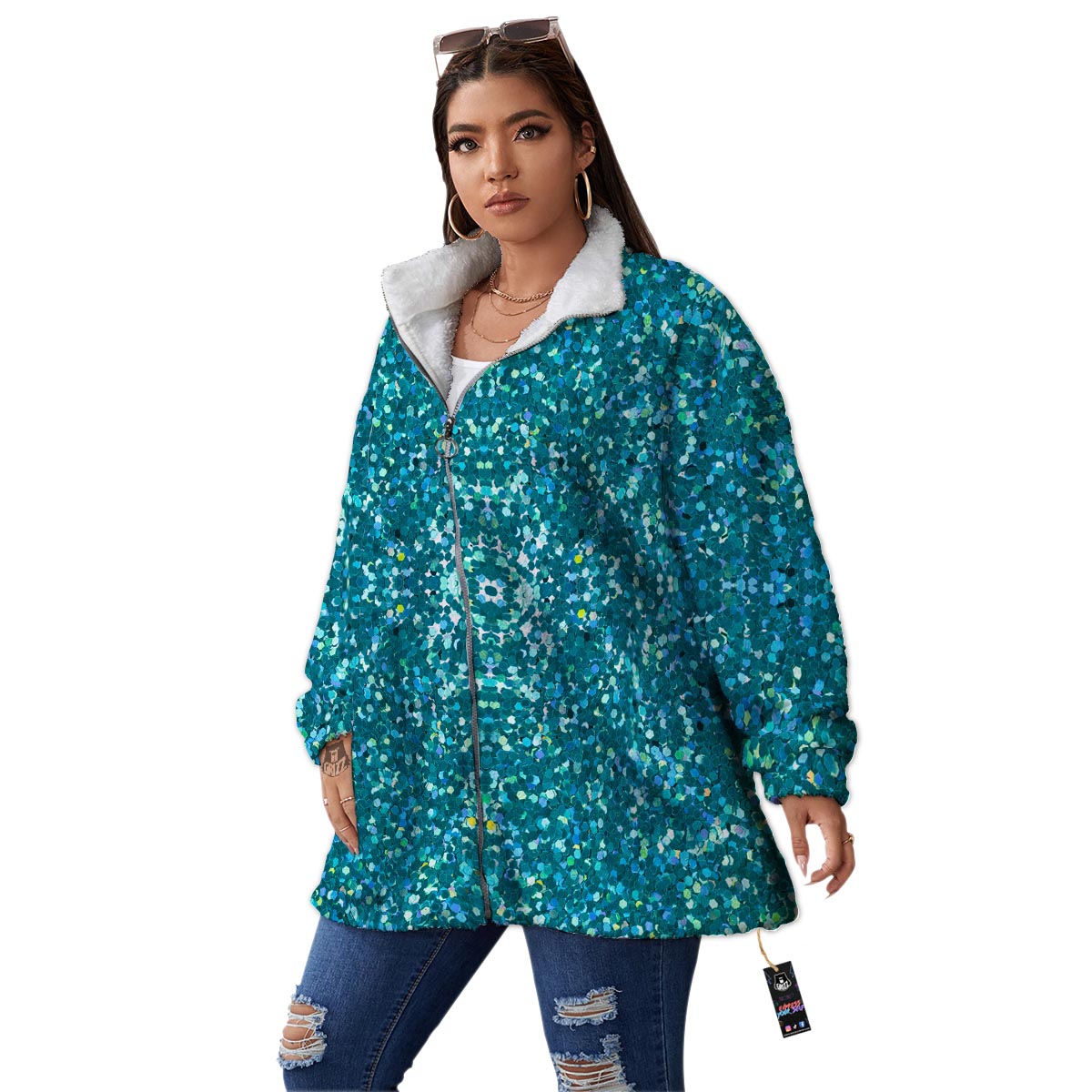 Artwork Teal Glitter Print Pattern Women's Sherpa Jacket-grizzshop