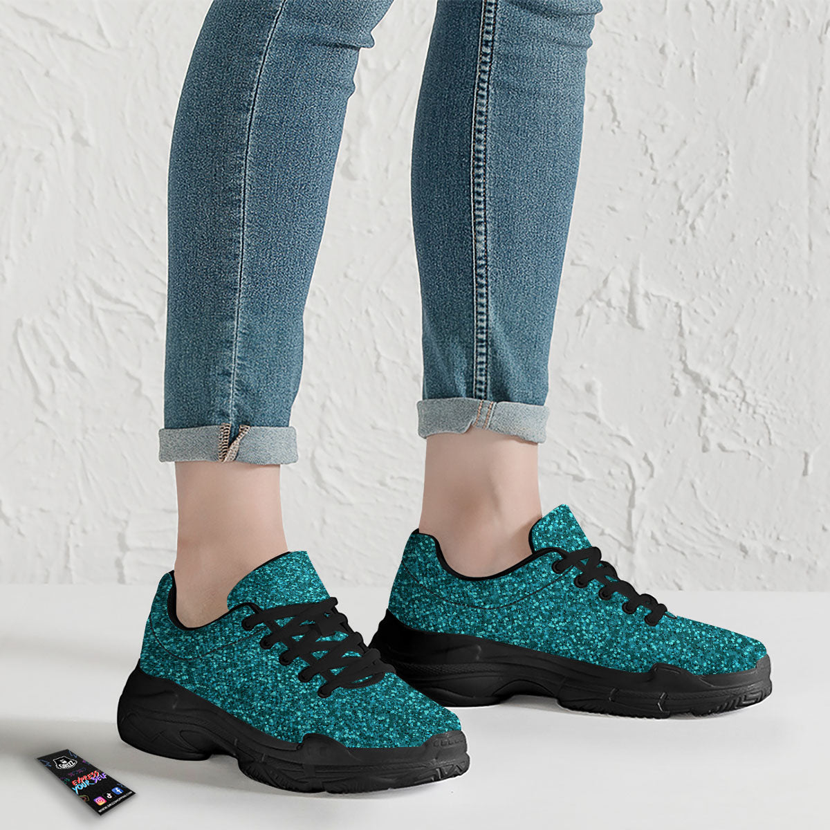 Artwork Turquoise Glitter Print Pattern Black Chunky Shoes-grizzshop