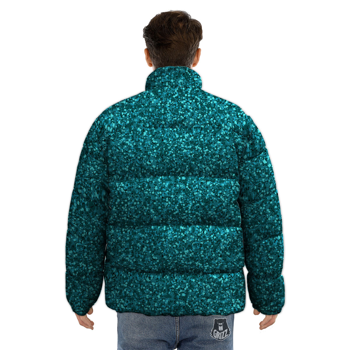 Artwork Turquoise Glitter Print Pattern Puffer Jacket-grizzshop