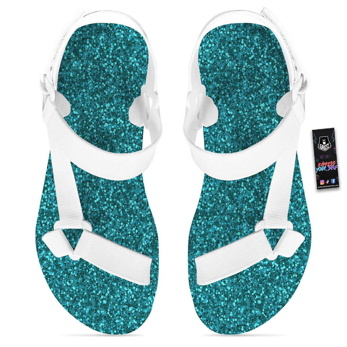 Artwork Turquoise Glitter Print Pattern White Open Toe Sandals-grizzshop