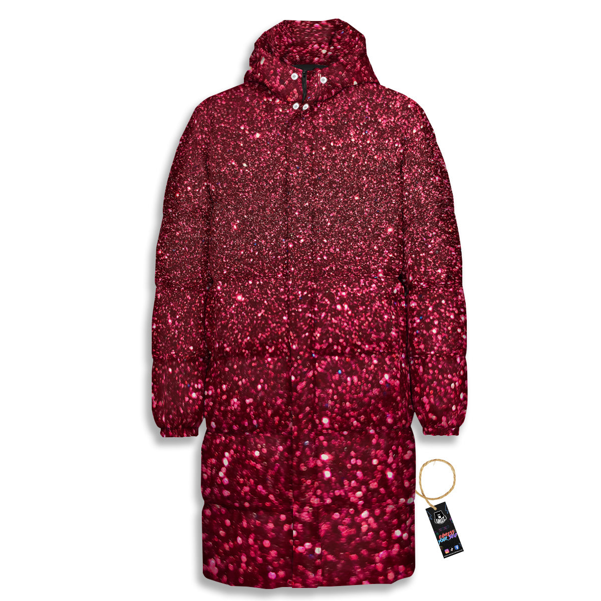 Artwork Burgundy Glitter Print Long Down Jacket