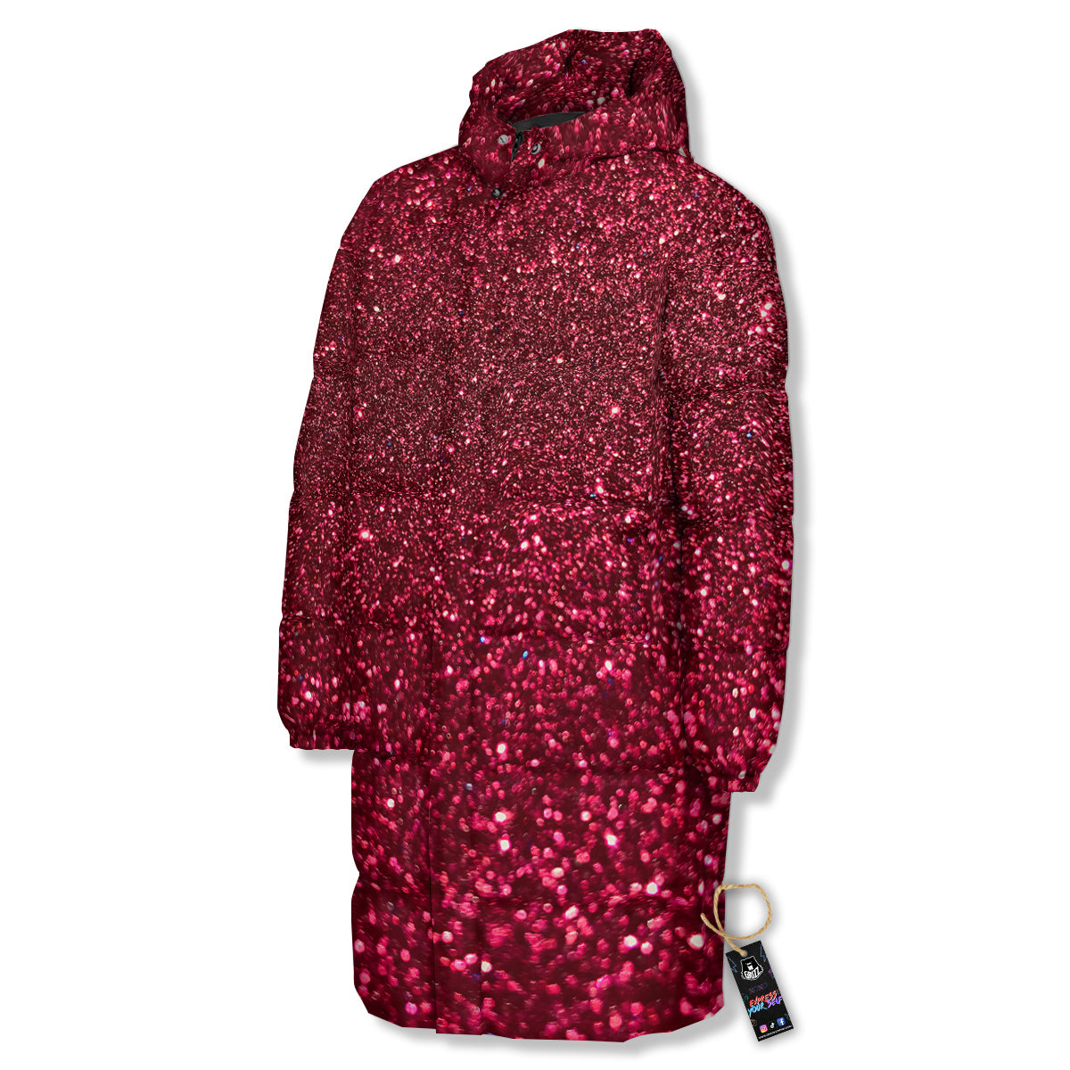 Artwork Burgundy Glitter Print Long Down Jacket