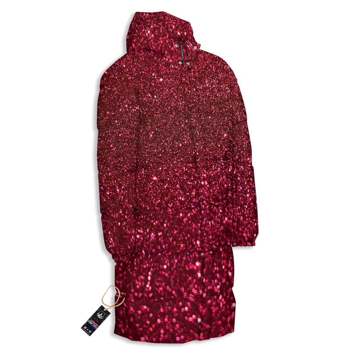 Artwork Burgundy Glitter Print Long Down Jacket