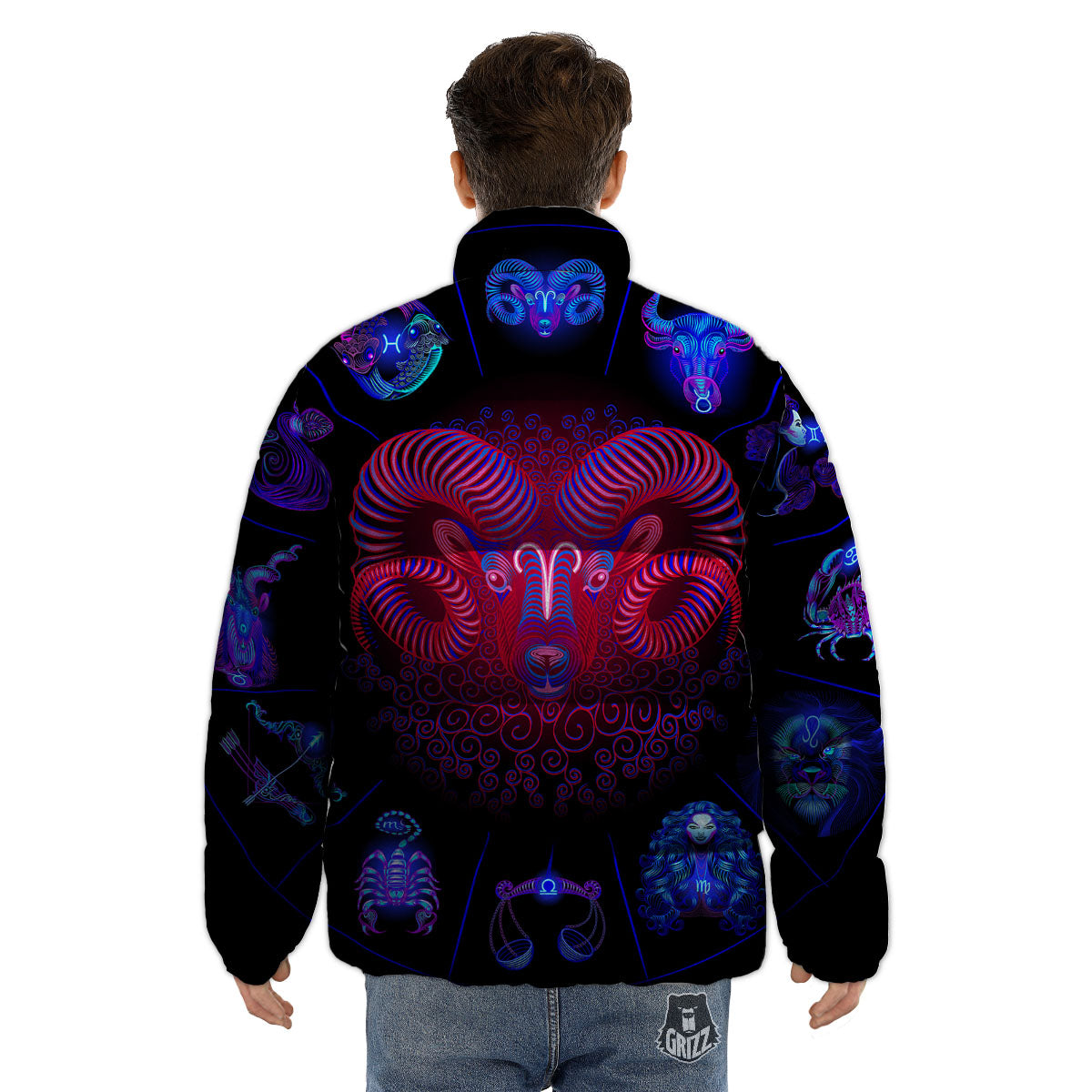 Astrological And Aries Signs Print Puffer Jacket-grizzshop