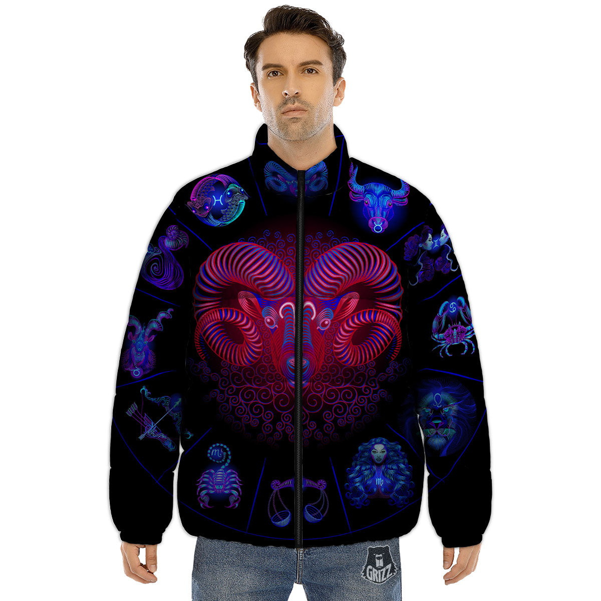 Astrological And Aries Signs Print Puffer Jacket-grizzshop