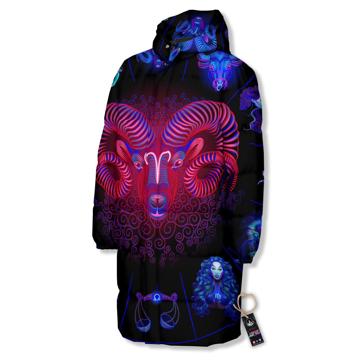 Astrological And Aries Signs Print Long Down Jacket