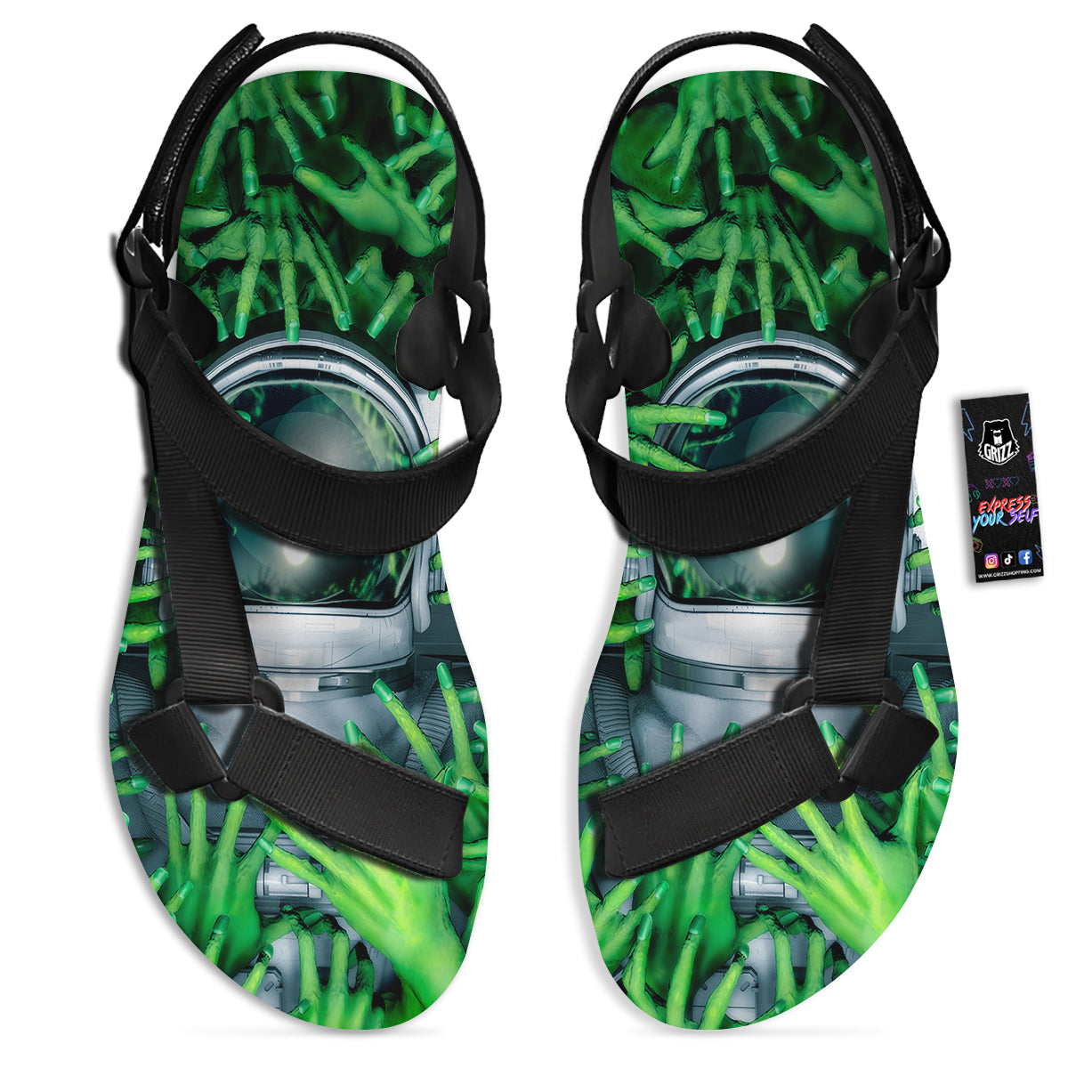 Astronaut And Alien Sci Fi Print Black Open Toe Sandals-grizzshop