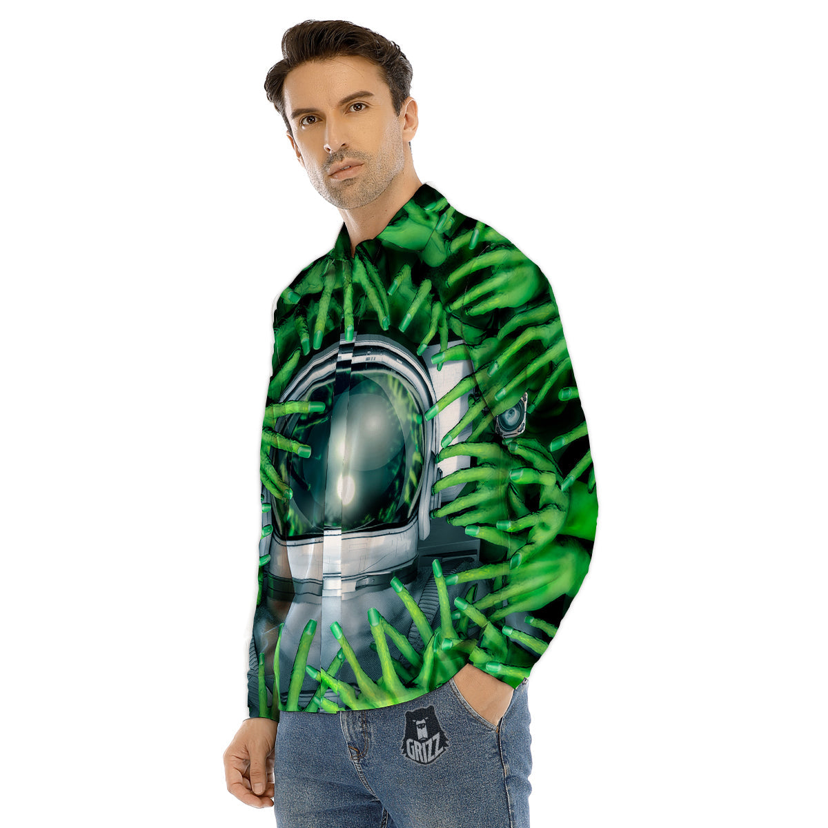 Astronaut And Alien Sci Fi Print Men's Dress Shirts-grizzshop