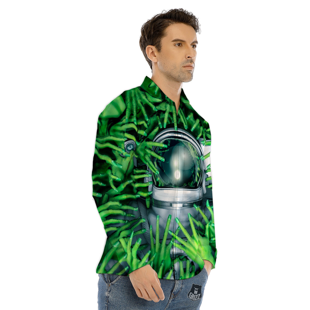 Astronaut And Alien Sci Fi Print Men's Dress Shirts-grizzshop
