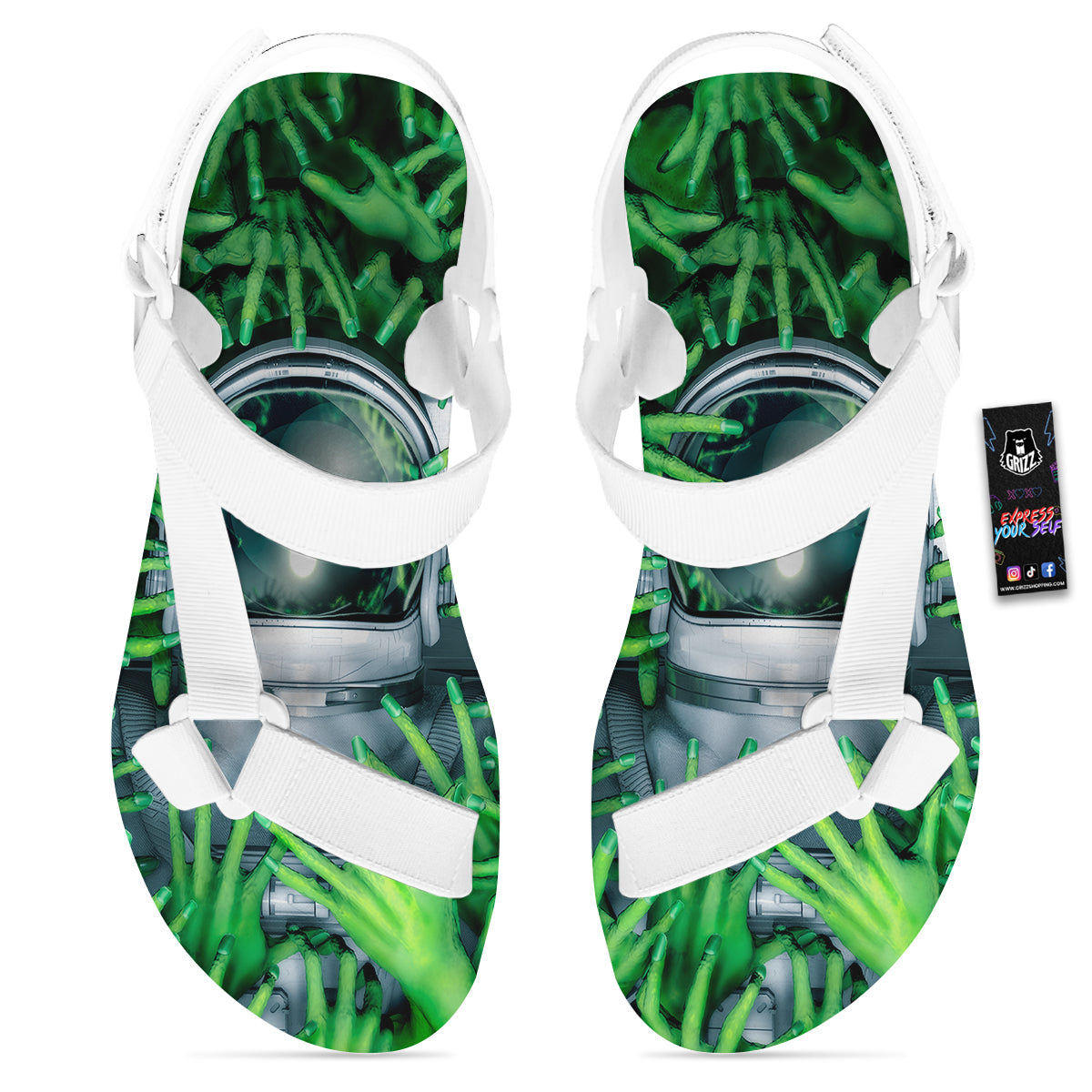 Astronaut And Alien Sci Fi Print White Open Toe Sandals-grizzshop