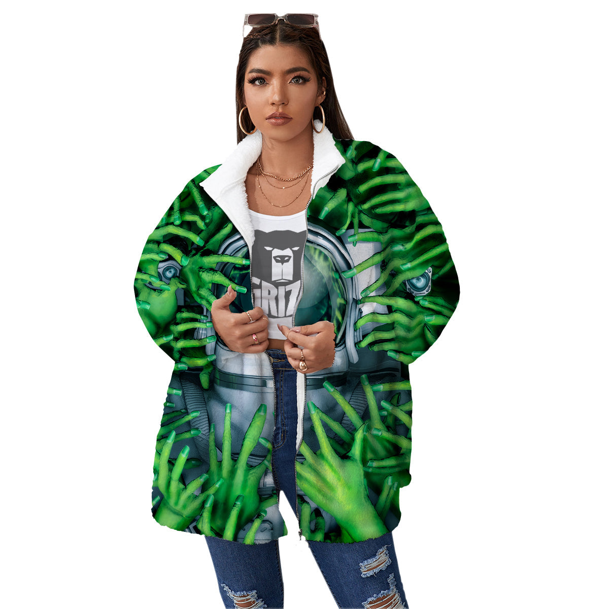 Astronaut And Alien Sci Fi Print Women's Sherpa Jacket-grizzshop