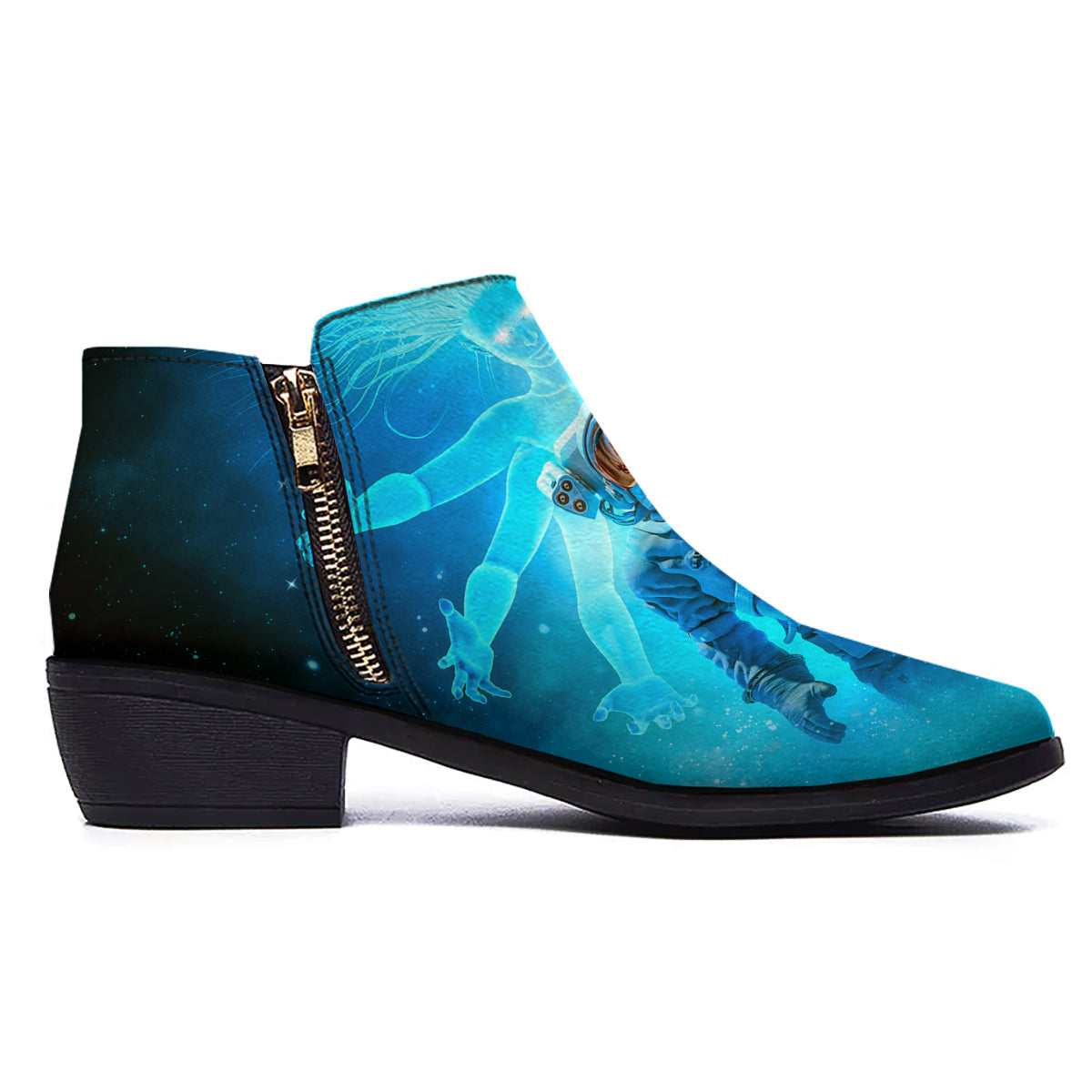 Astronaut And Female Alien Print Ankle Boots-grizzshop