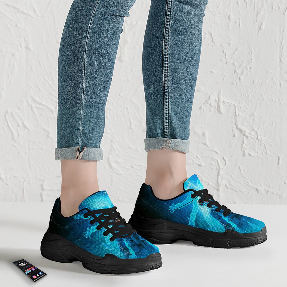 Astronaut And Female Alien Print Black Chunky Shoes-grizzshop