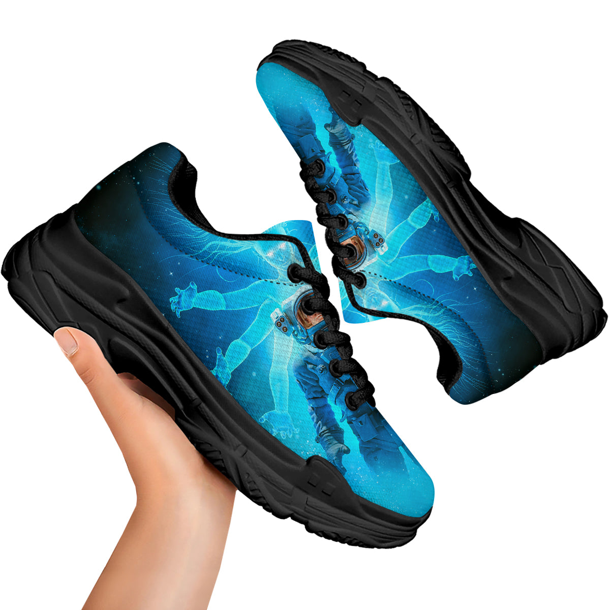 Astronaut And Female Alien Print Black Chunky Shoes-grizzshop