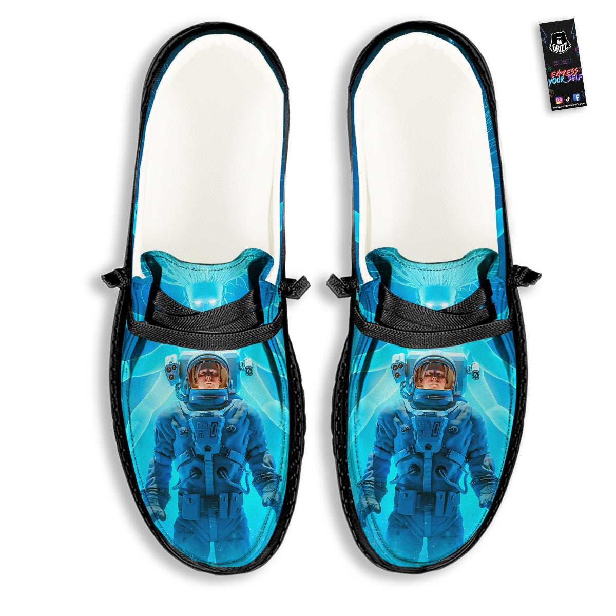 Astronaut And Female Alien Print Black Loafers-grizzshop
