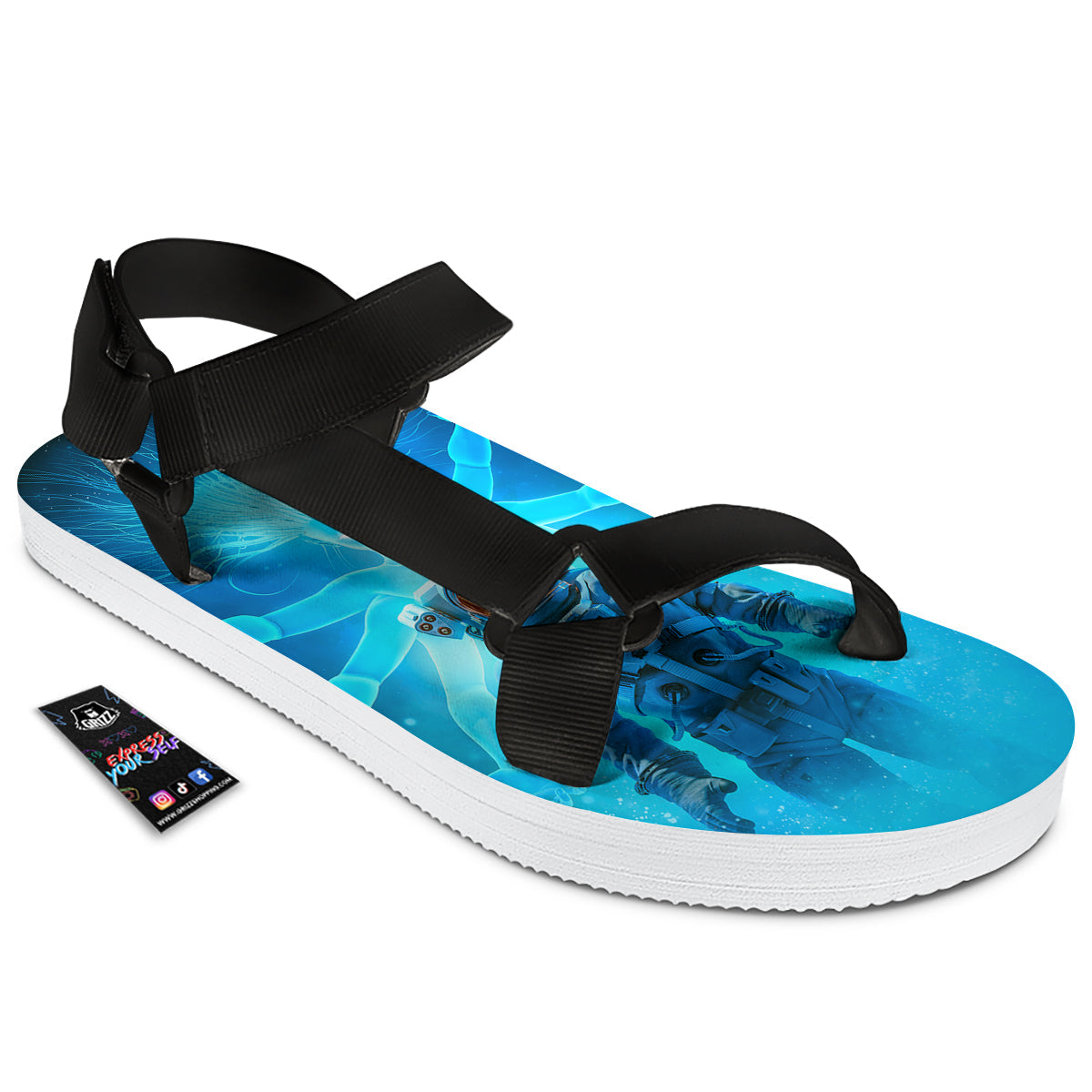 Astronaut And Female Alien Print Black Open Toe Sandals-grizzshop