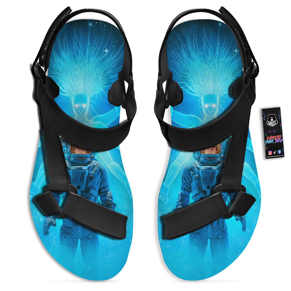 Astronaut And Female Alien Print Black Open Toe Sandals-grizzshop