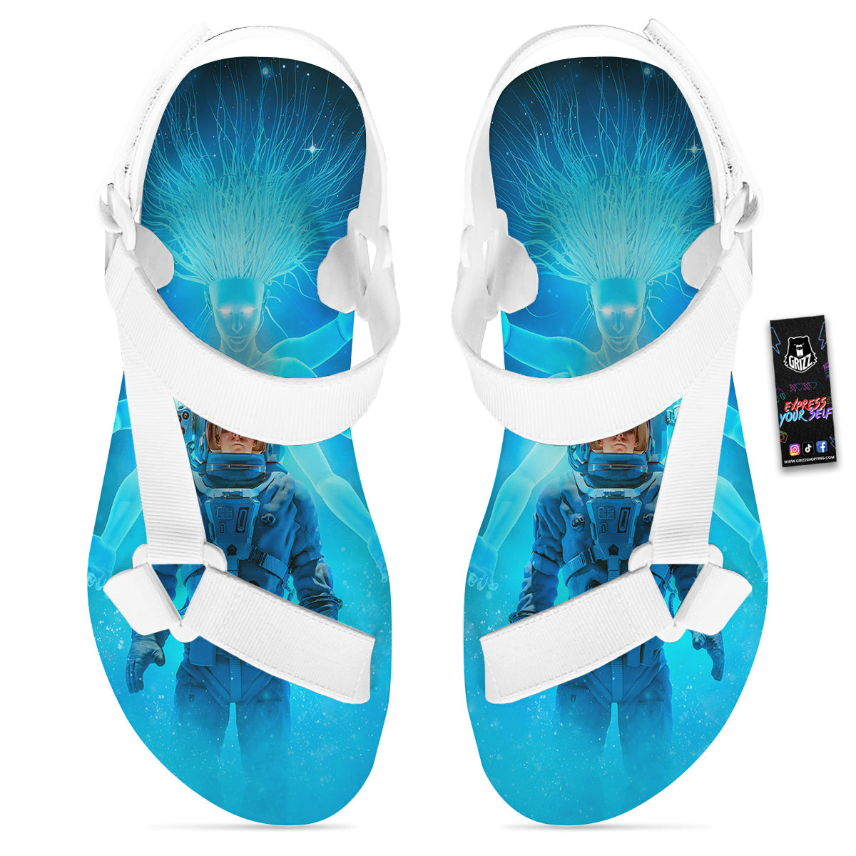 Astronaut And Female Alien Print White Open Toe Sandals-grizzshop