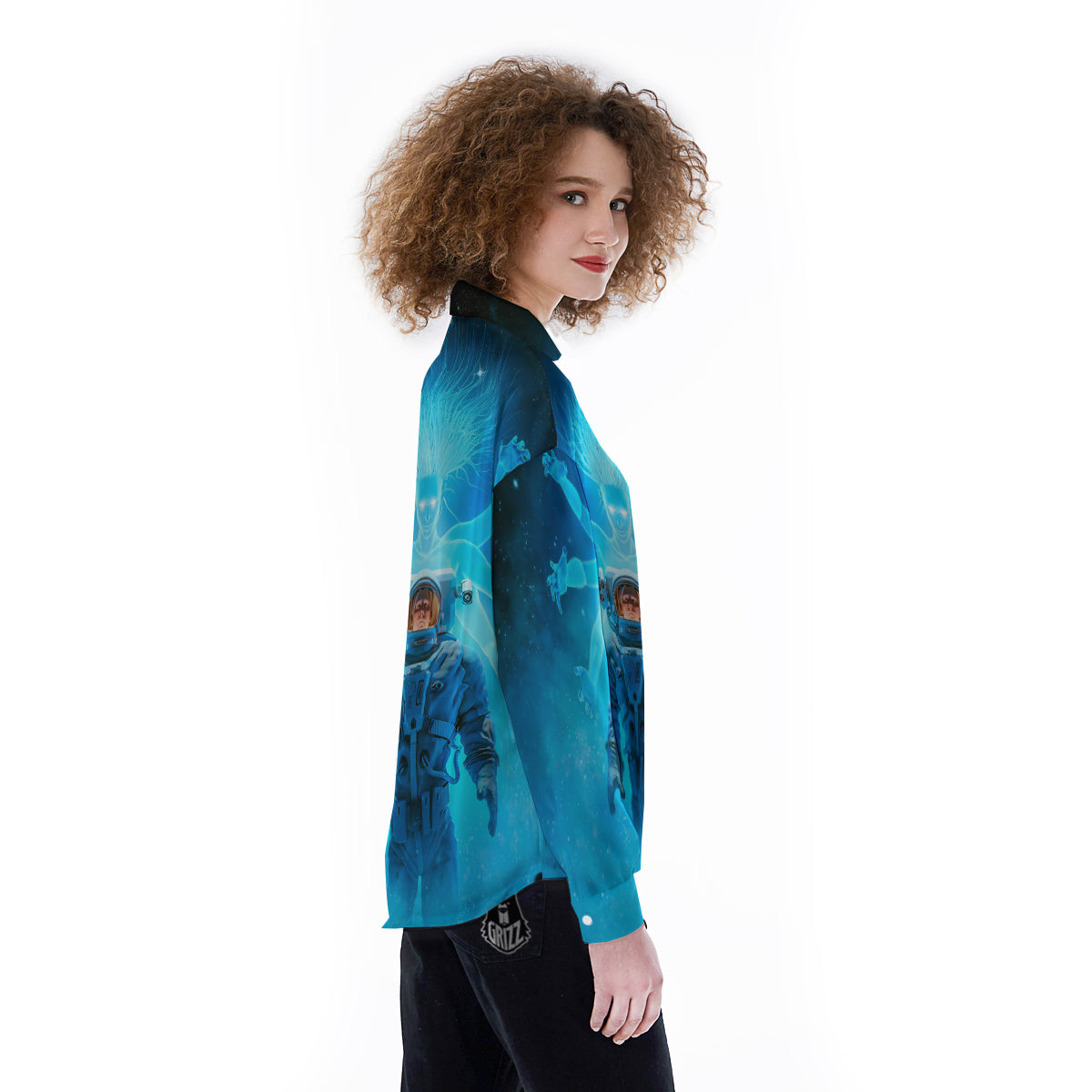 Astronaut And Female Alien Print Women's Long Sleeve Shirts-grizzshop