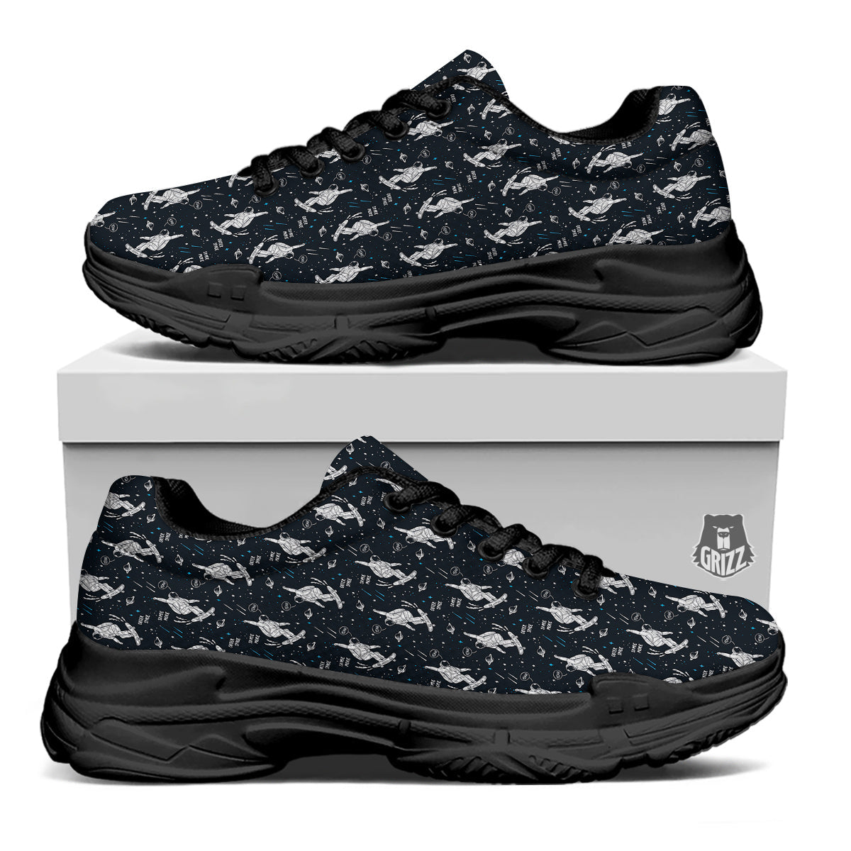 Astronaut Cute Print Pattern Black Chunky Shoes-grizzshop