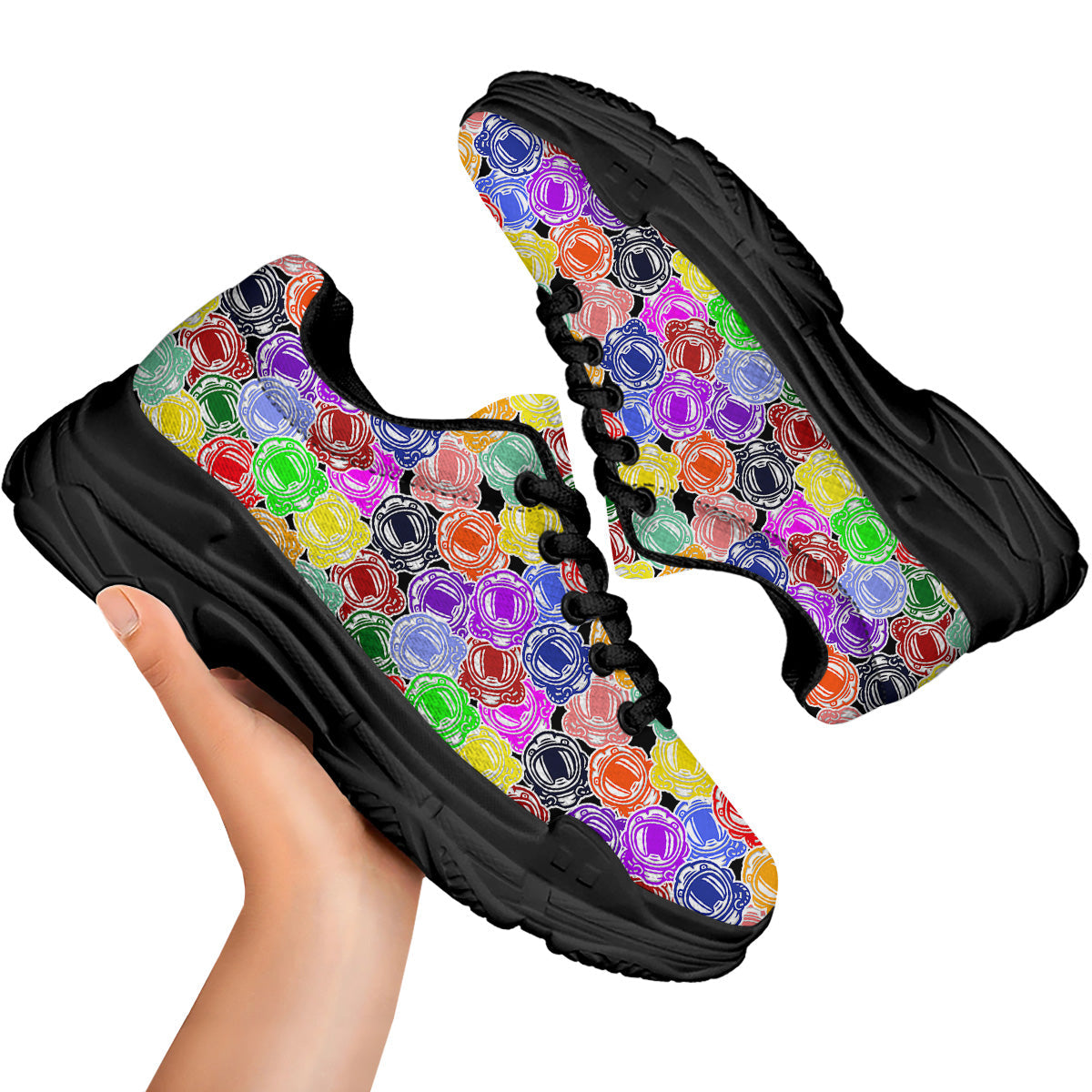 Astronaut Helmet Colorful Print Pattern Black Chunky Shoes-grizzshop