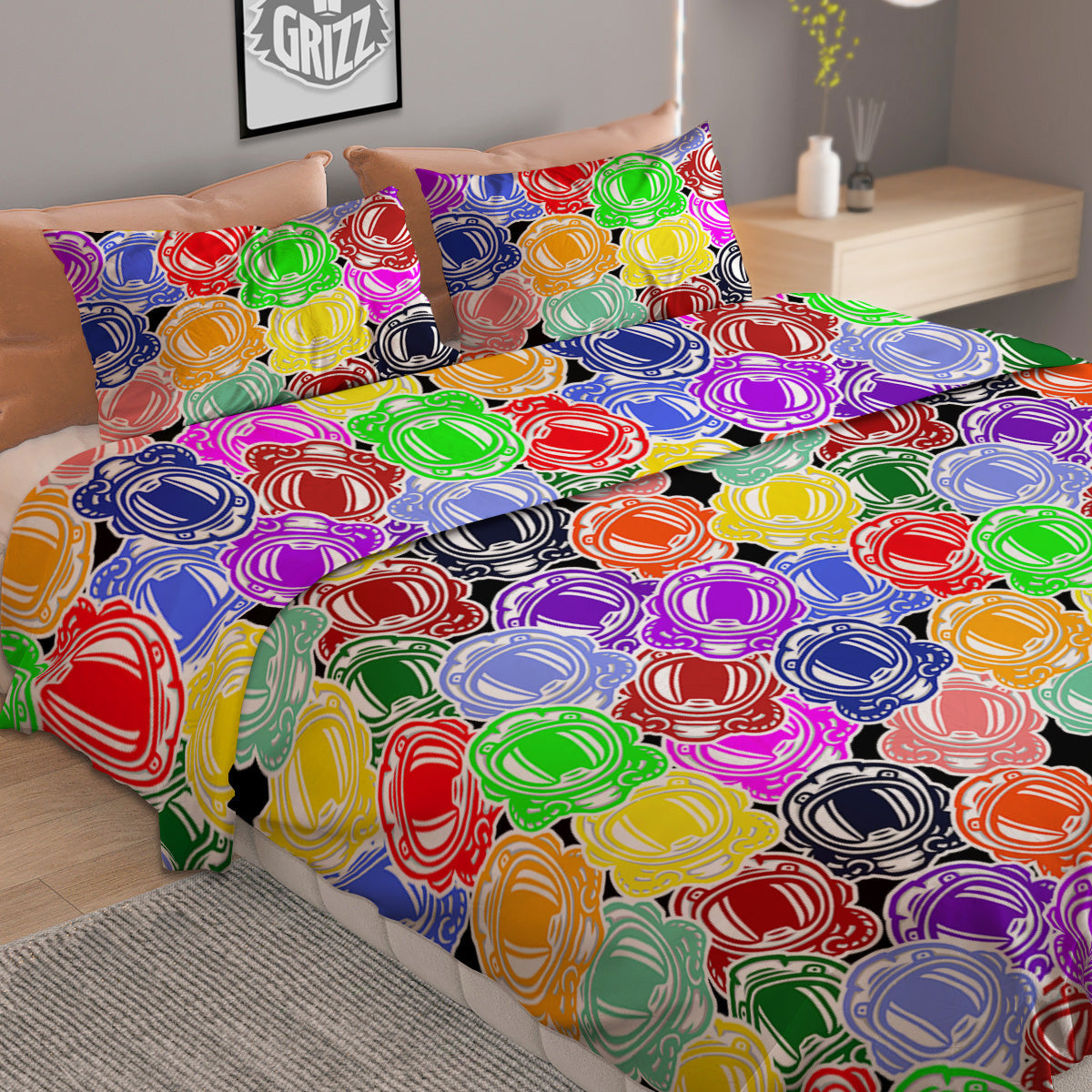 Astronaut Helmet Colorful Print Pattern Duvet Cover Bedding Set