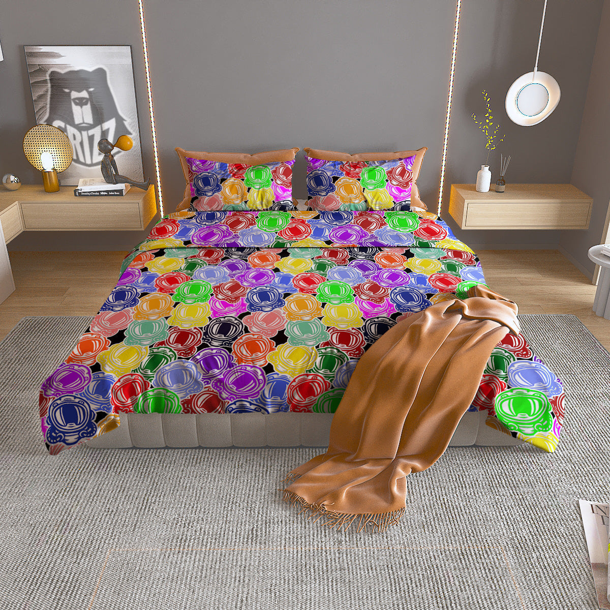 Astronaut Helmet Colorful Print Pattern Duvet Cover Bedding Set