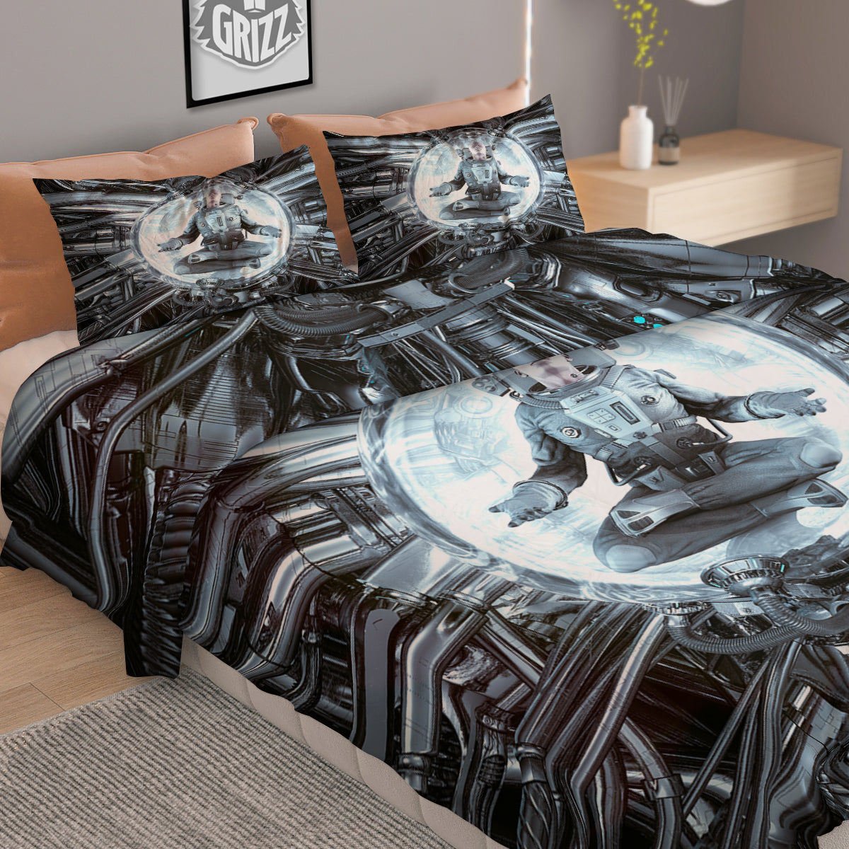 Astronaut In Machine Print Duvet Cover Bedding Set