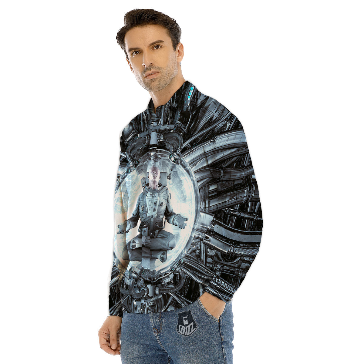 Astronaut In Machine Print Men's Dress Shirts-grizzshop