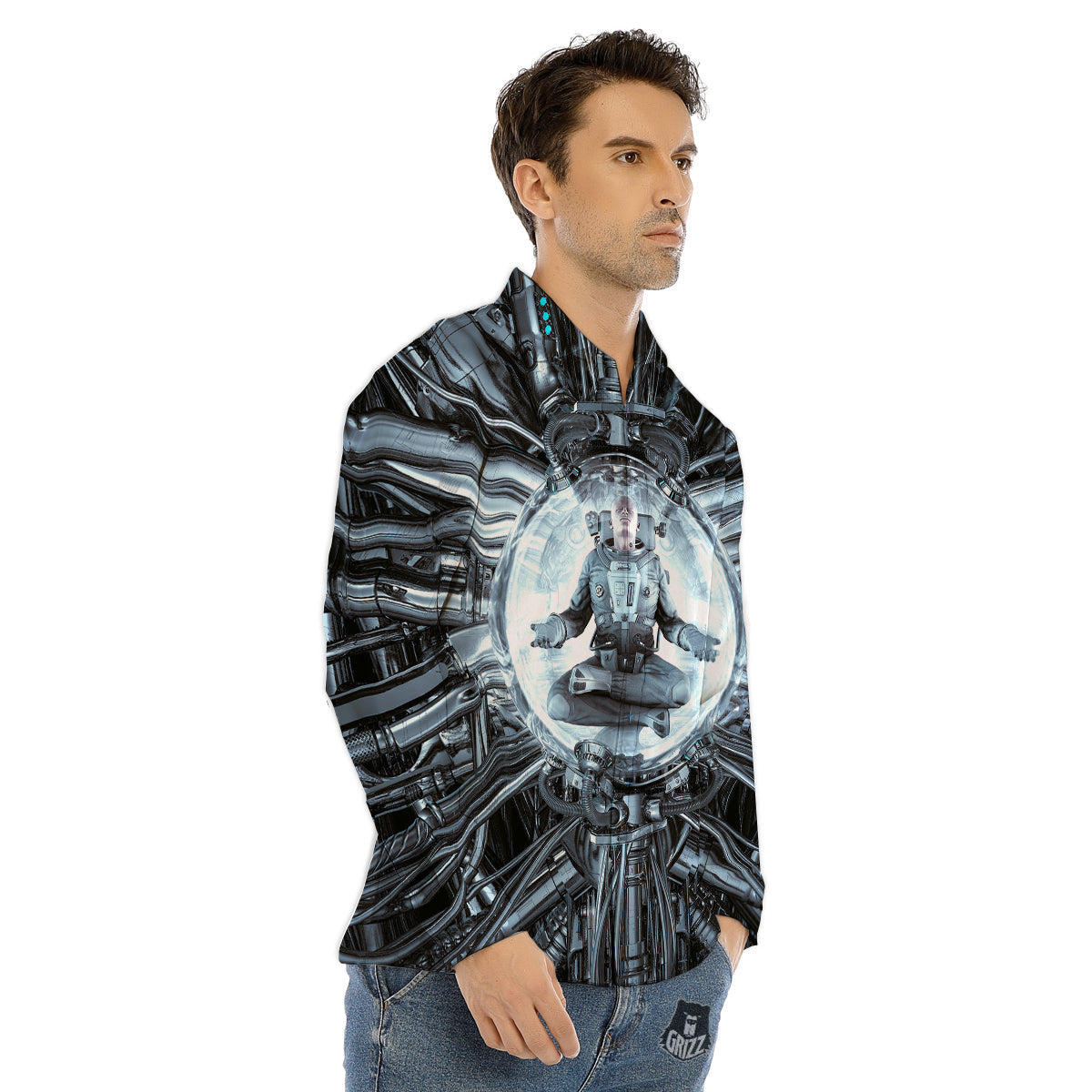 Astronaut In Machine Print Men's Dress Shirts-grizzshop