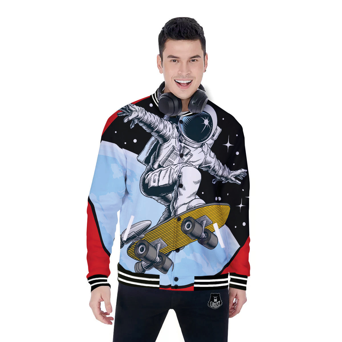 Astronaut Skateboard Print Baseball Jacket-grizzshop