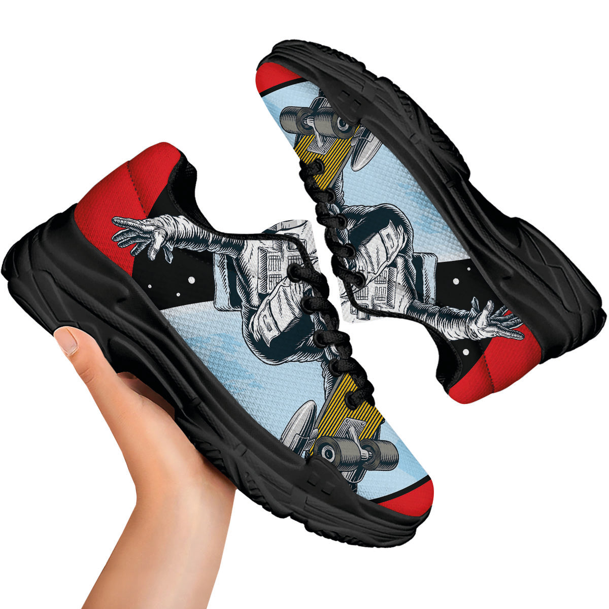Astronaut Skateboard Print Black Chunky Shoes-grizzshop