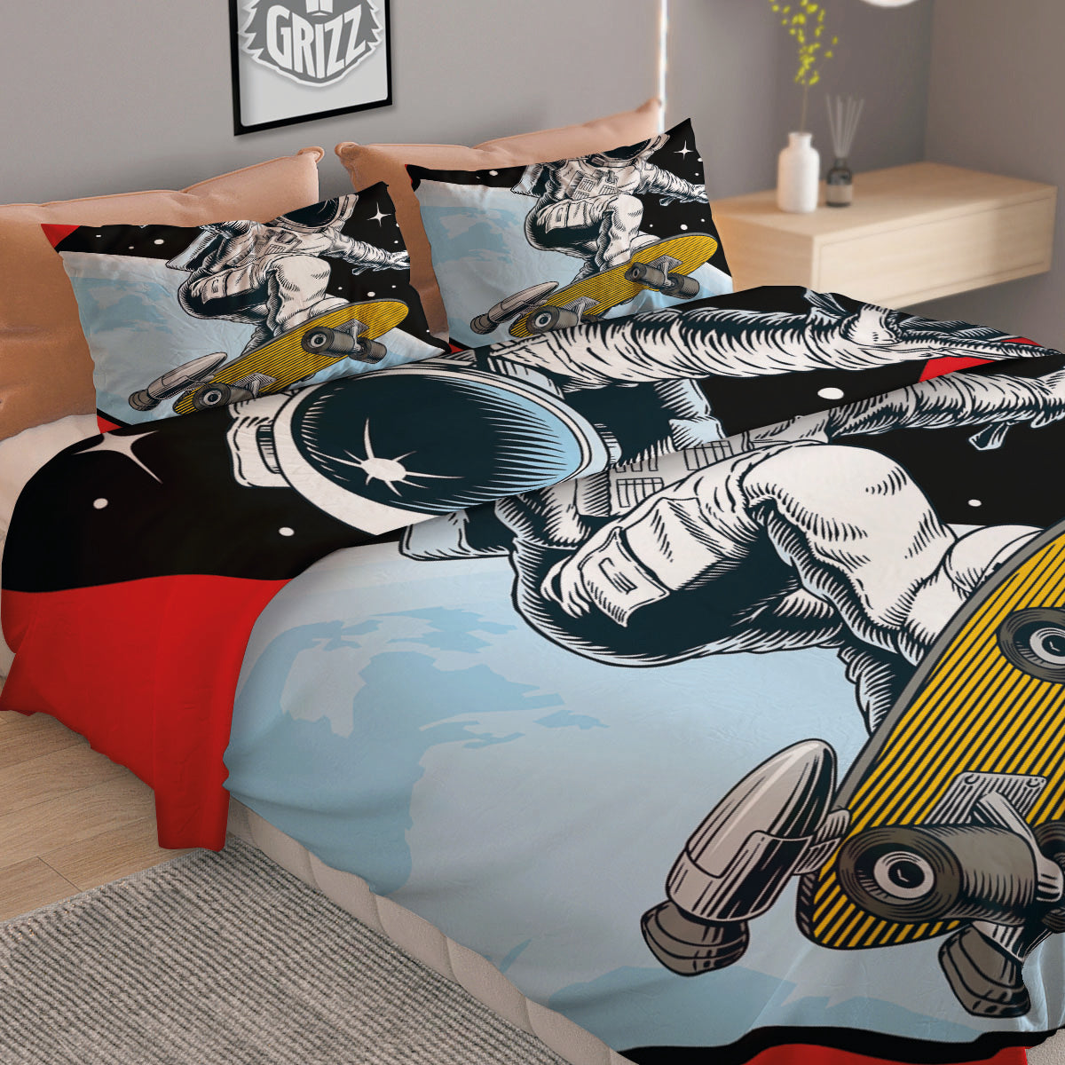 Astronaut Skateboard Print Duvet Cover Bedding Set