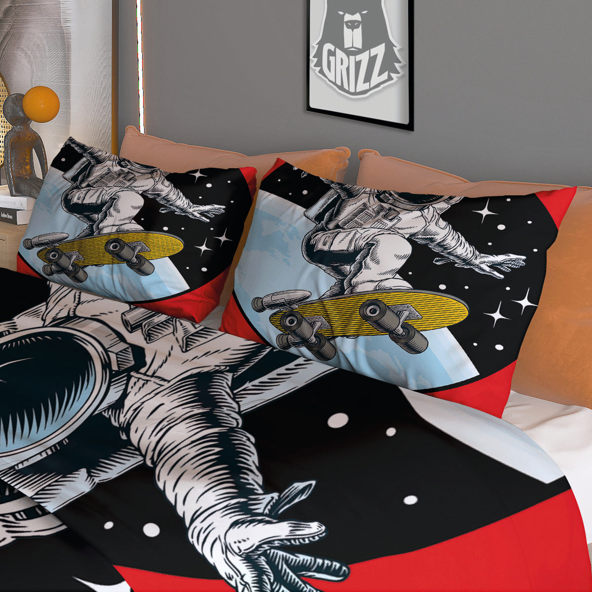 Astronaut Skateboard Print Duvet Cover Bedding Set