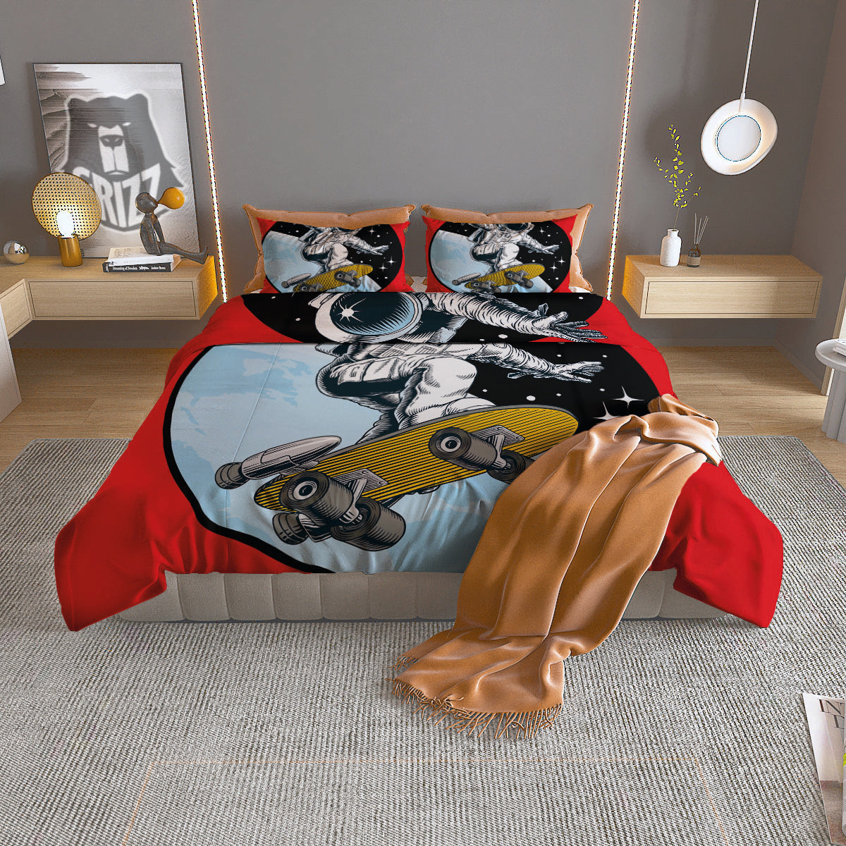 Astronaut Skateboard Print Duvet Cover Bedding Set