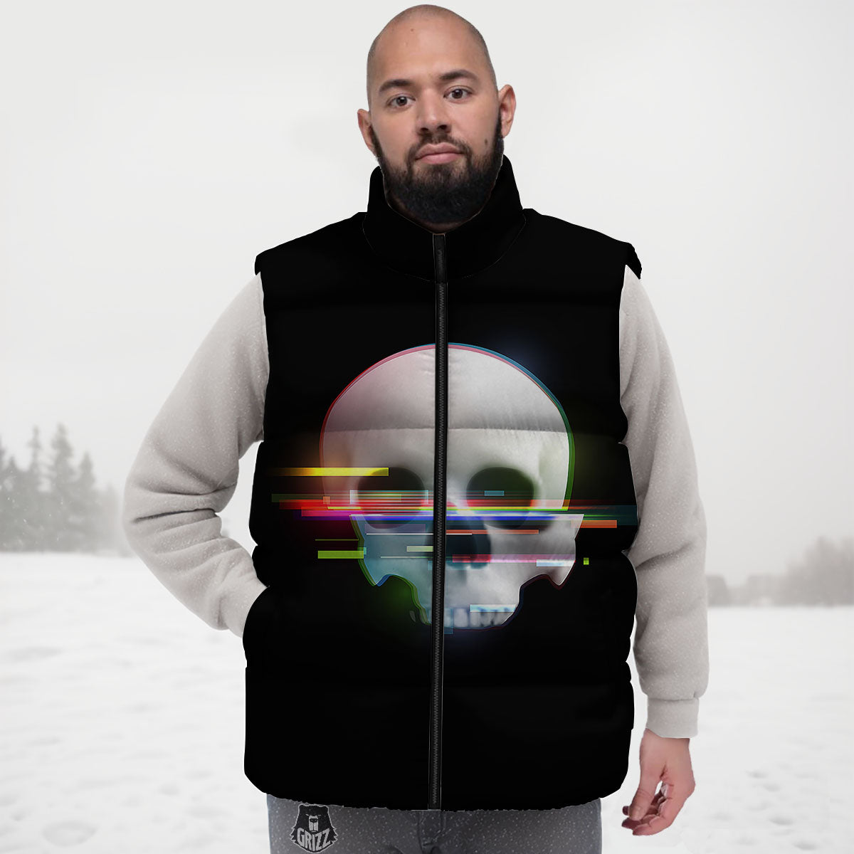Astronaut Skull Digital Glitch Print Down Vest