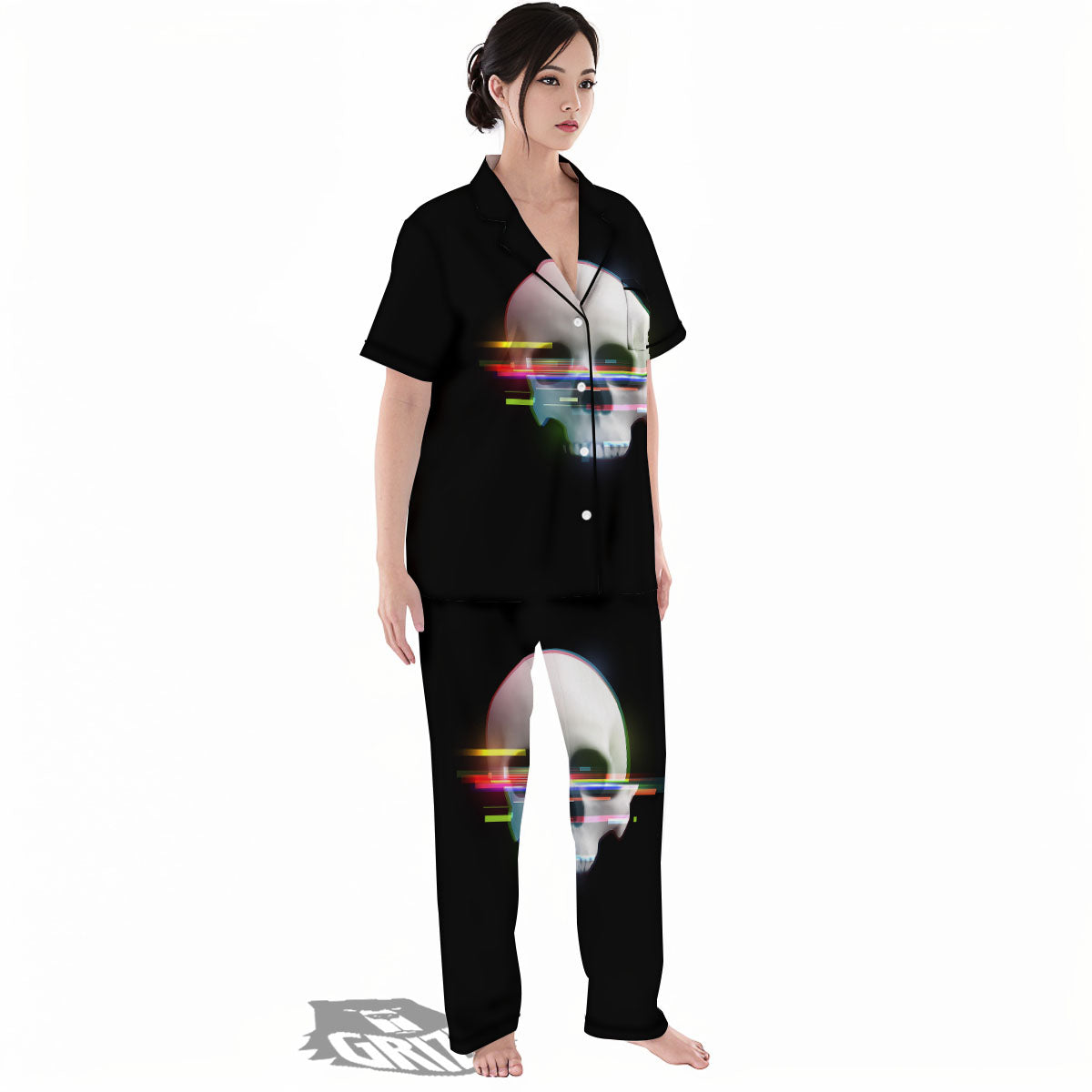 Astronaut Skull Digital Glitch Print Women's Pajamas Set-grizzshop