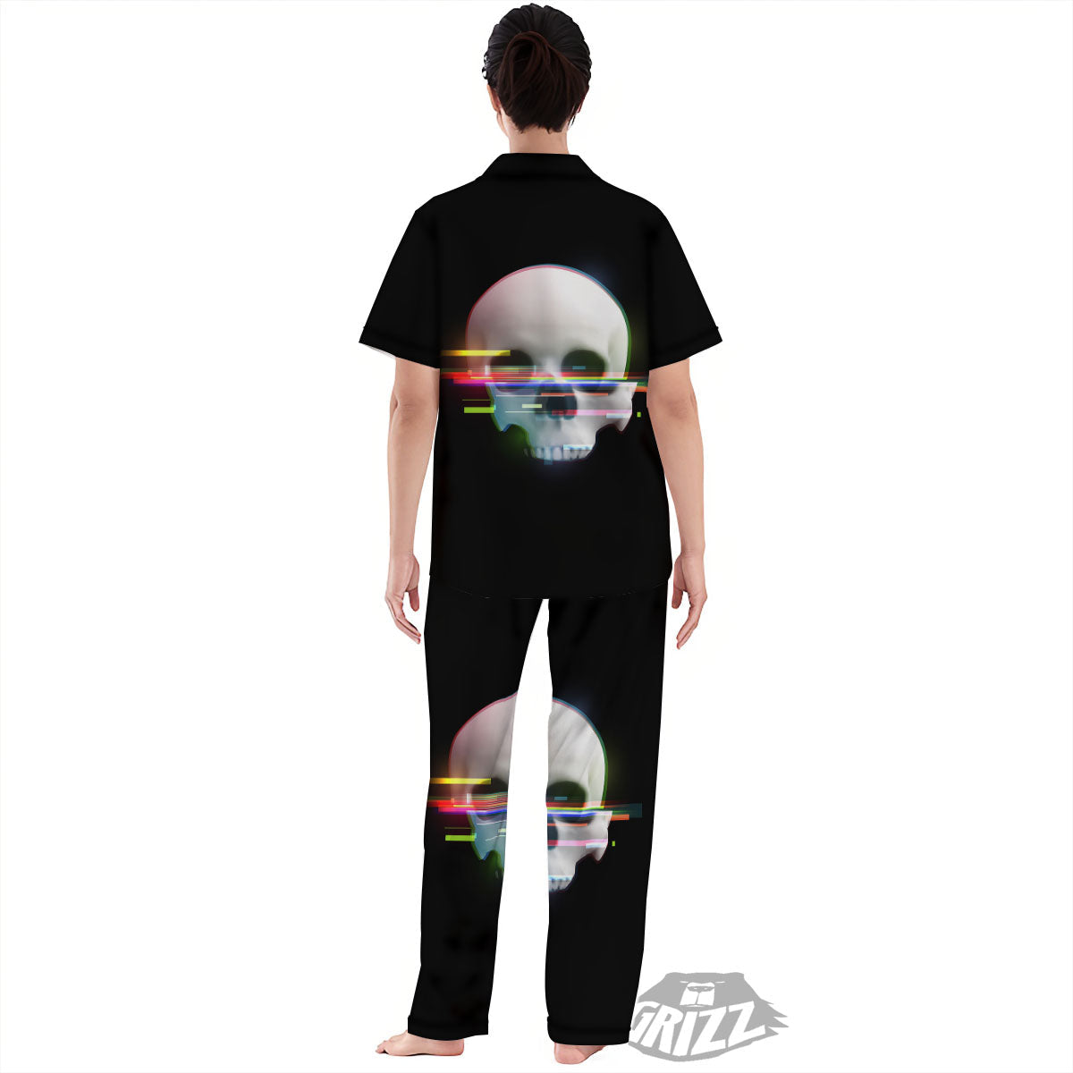 Astronaut Skull Digital Glitch Print Women's Pajamas Set-grizzshop